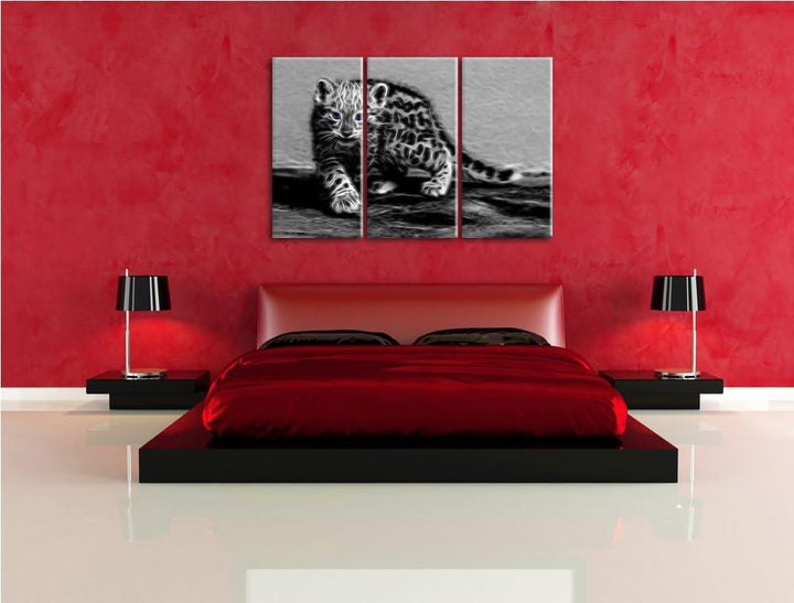 stolzierendes Leopardenjunges schwarz/weiss Deluxe 3-Teiler Leinwandbild 120x80 Bild auf Leinwand, X