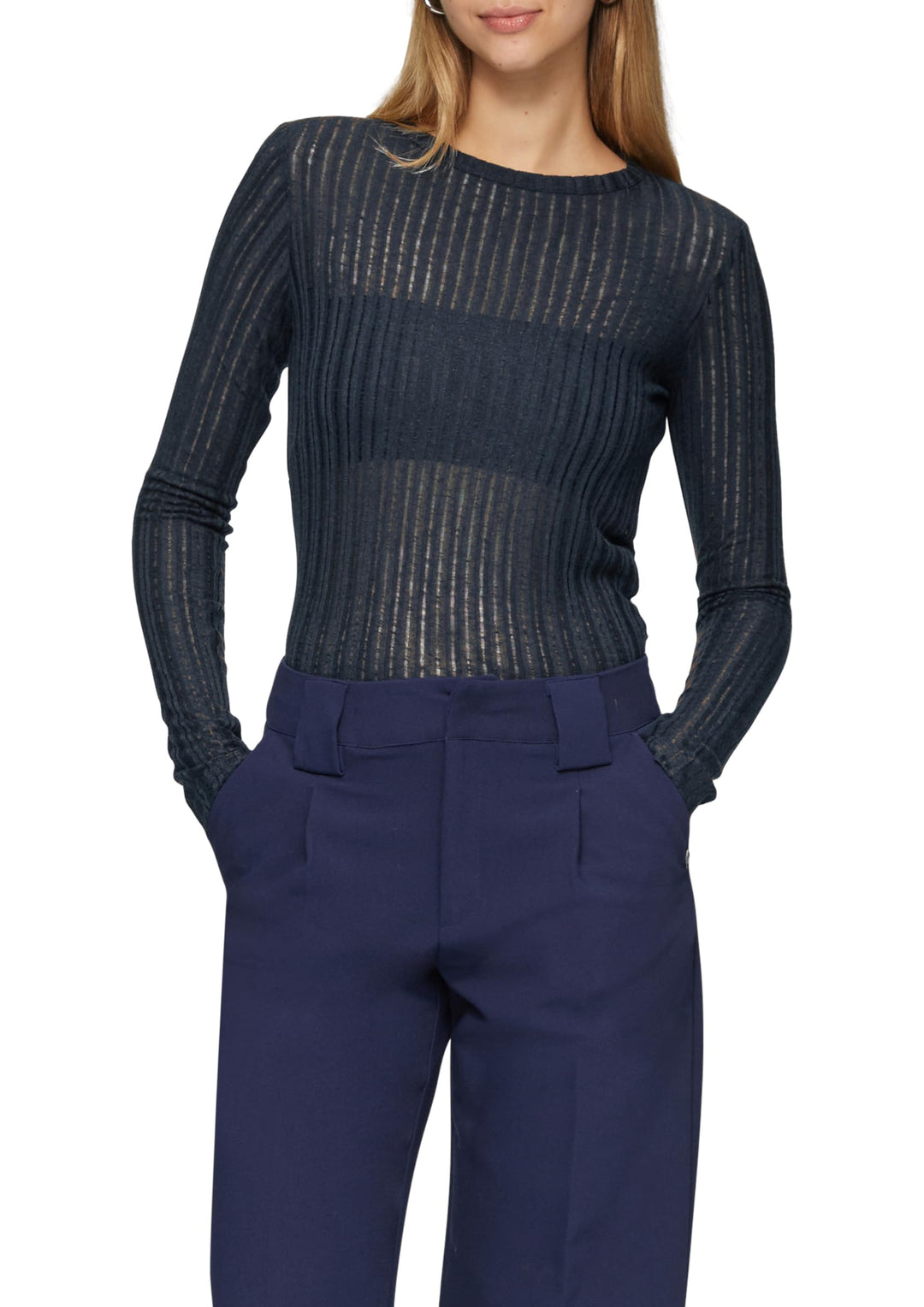 QS Leicht transparentes Longsleeve mit Strukturmuster S 5872_tiefblau, S 5872_tiefblau
