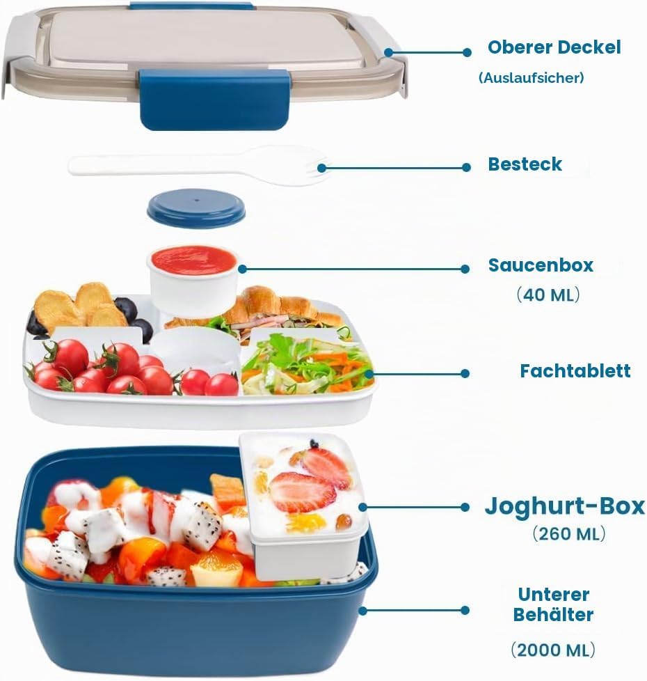 Bugucat Lunchbox Erwachsene 2000ML 2 Set,Auslaufsichere Brotdose Erwachsene Bento Box mit Fächern fü