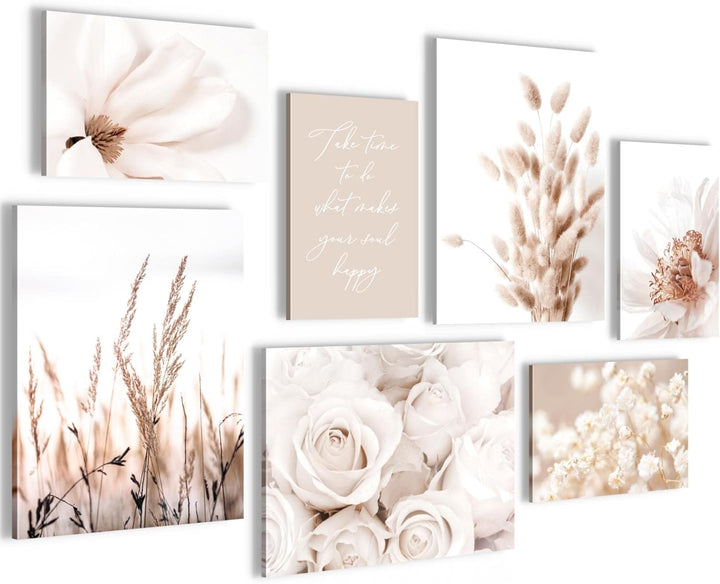 Novart Wandbilder Boho Blumen - KOMPLETT AUFHÄNGFERTIG - Beige Wohnzimmer Schlafzimmer- 7 Moderne Mo