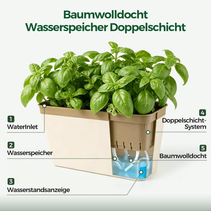 T4U 27cm Selbstwässernder Blumenkasten Kräutertopf mit ERD-Bewässerungs-System Braun 3er-Set Kunstst