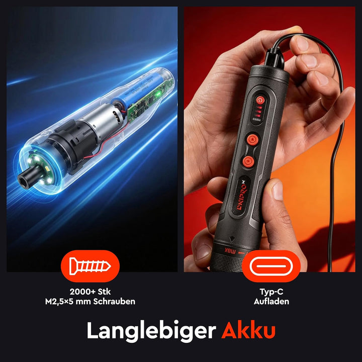 Akku-Schraubendreher, 4V (3.6V Nom), 5 Nm Drehmoment, USB-C Schnellladung, LED-Frontlicht, Kompakter