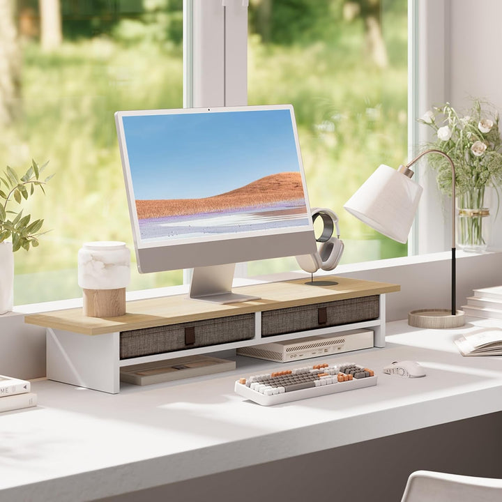 Fenge Dual Monitorständer Riser 2 Etagen Computer Monitor Ständer mit Schublade für PC Laptop Drucke
