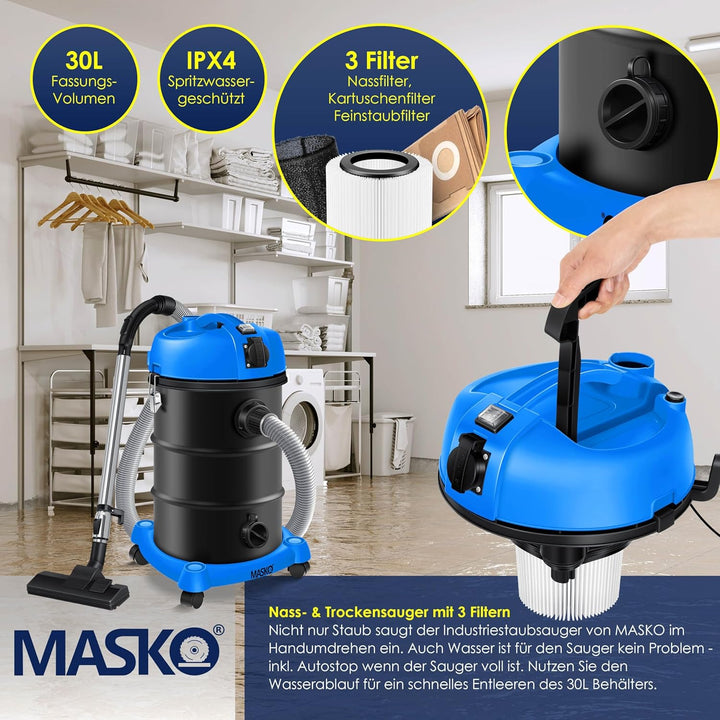 Masko® 6IN1 Industriestaubsauger Staubsauger Nass Trocken Sauger Aschesauger 2300W + Steckdose✓ Blas