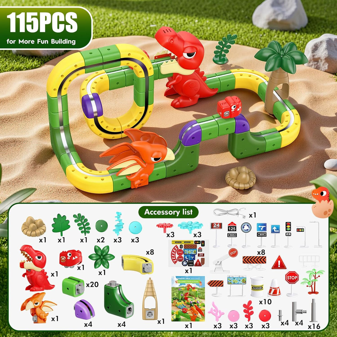 EUCOCO 115 Pcs Clickrail Electric Train Set, Dinosaurier Spielzeug ab 3 4 5 6 7 8 Jahre Junge Cubix