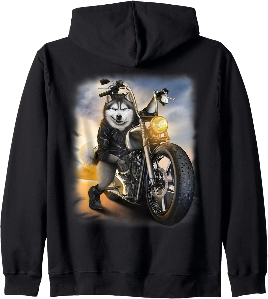 Siberian Husky Hund fährt ein Chopper Motorrad Kapuzenjacke
