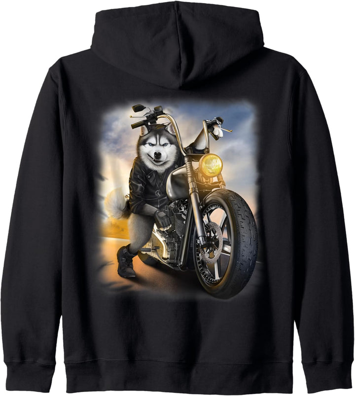 Siberian Husky Hund fährt ein Chopper Motorrad Kapuzenjacke