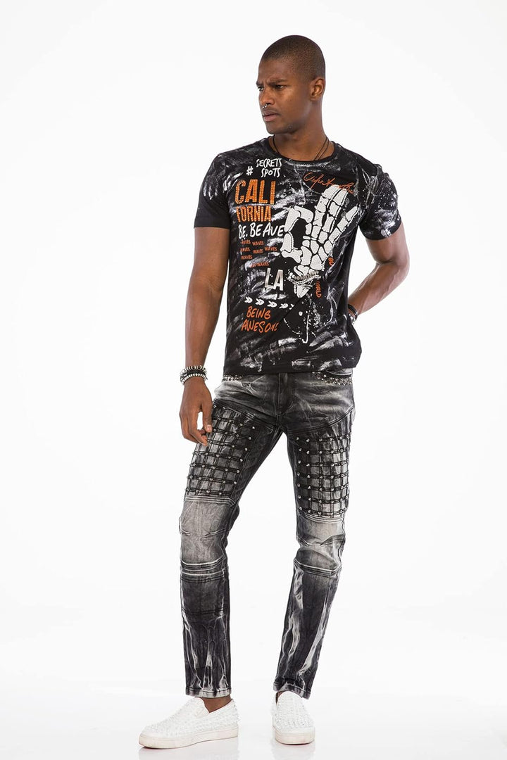Cipo & Baxx Herren Jeans Hose Slim Fit Denim Gitternähten Straight Fit Jeanshose Schwarz W30 L34