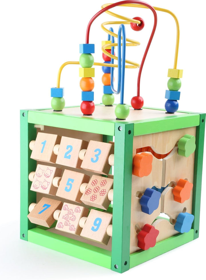 small foot Motorikwürfel „Frühling“ aus Holz, Babyspielzeug mit Vier Spielflächen und Motorikschleif