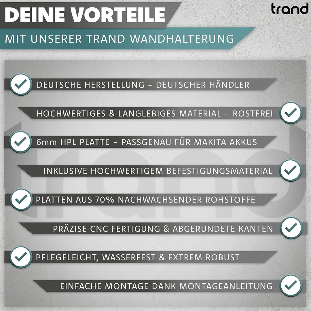 trand Wandhalterung für Makita Akkus und Ladegeräte | stabiler 4er Akkuhalter und Ladegeräthalter |