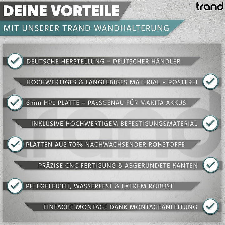 trand Wandhalterung für Makita Akkus und Ladegeräte | stabiler 4er Akkuhalter und Ladegeräthalter |