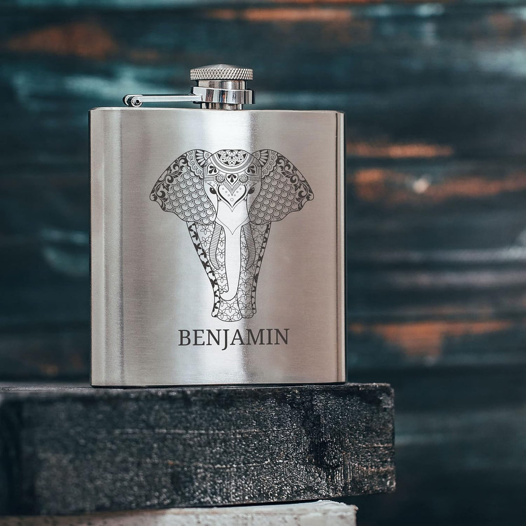 personalisierbarer Flachmann aus Edelstahl mit Name – Elefant Zentangle – Taschenflasche mit Wunschg