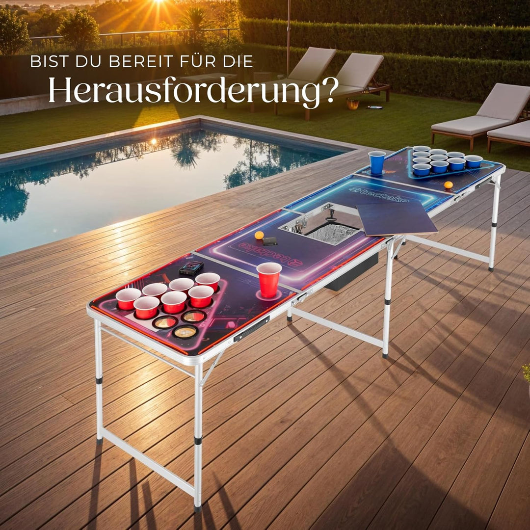 tectake® Bierpong Tisch mit Eiskühler und mit Party Deko LED Beleuchtung, Tisch höhenverstellbar, Kl