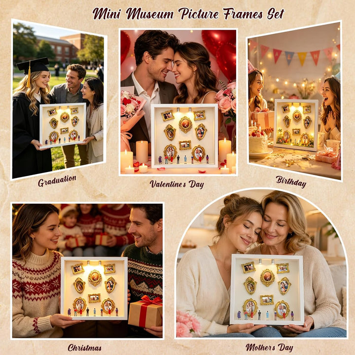 DIY Mini Museum Silhouette Box,Mini Museum Frames mit 8 Mini Goldene Rahmen & 8 Figuren mit Licht,Go