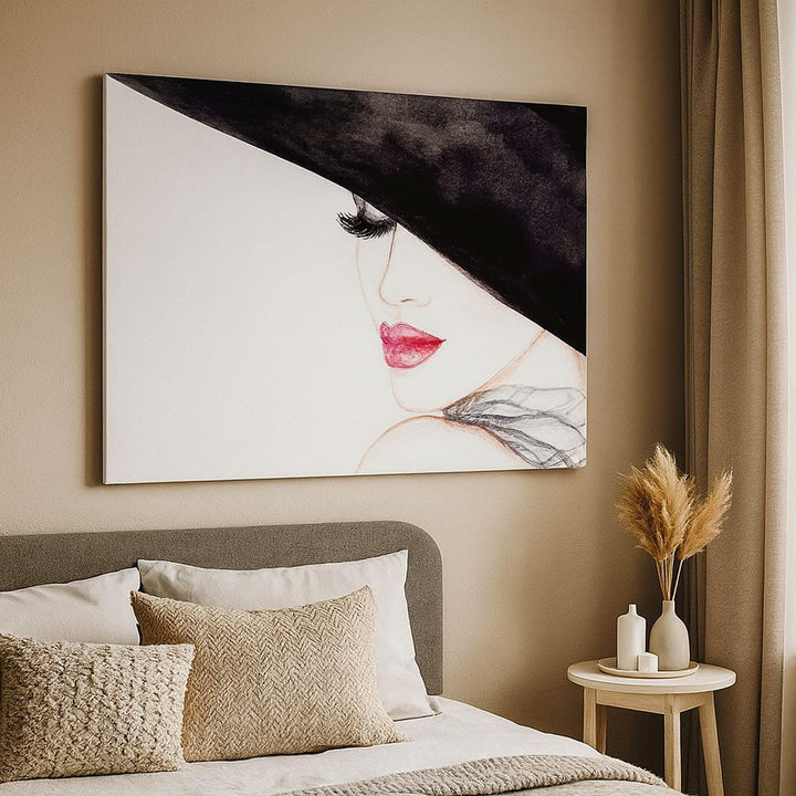 Bilder auf Leinwand 100x70cm Leinwandbild Frau Lippen Hut Eleganz Gross Wanddeko Bild Schlafzimmer K