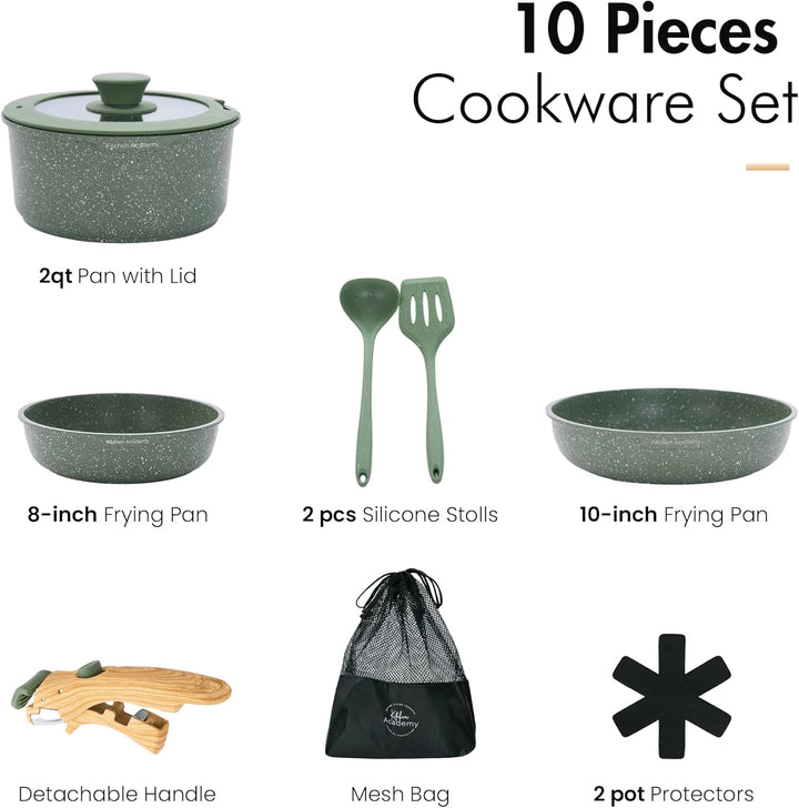 Kitchen Academy Topfset 10tlg, Topf Pfannenset mit Glasdeckeln, Marmorbeschichtung Antihaft-Versiege