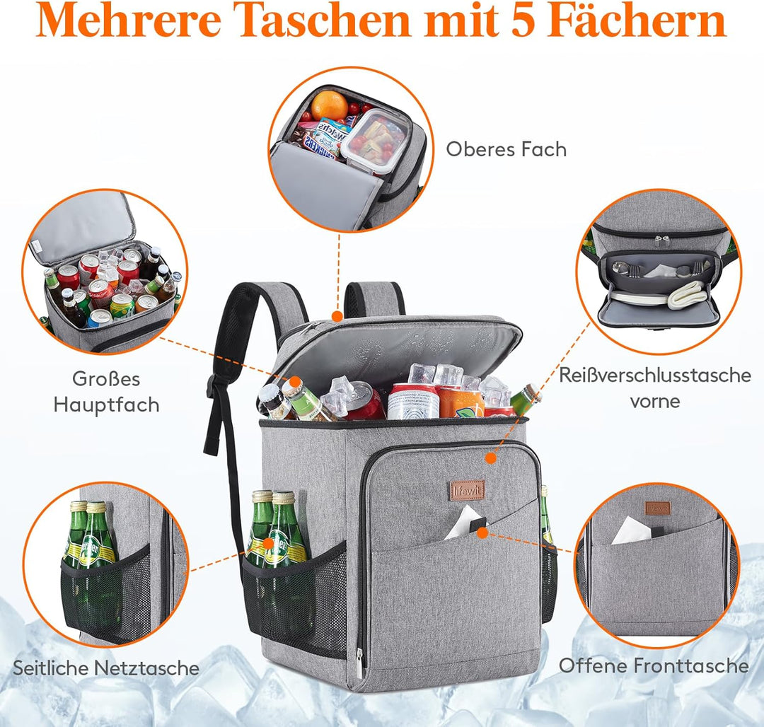Lifewit 26L Kühlrucksack Thermo Rucksack Kühltasche Isolierte Cooler Bag Weich Doppeldecker für Pick
