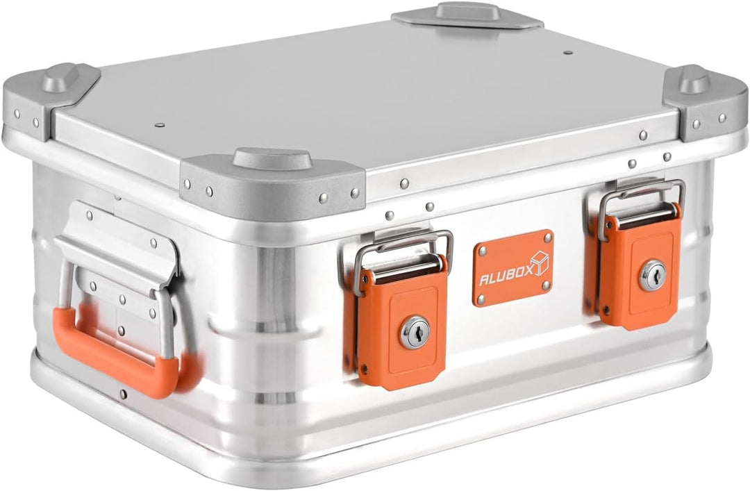 ALUBOX Alukiste abschliessbar E18 - Premium Aluminium Lagerbox 18 Liter - Deckel mit Aluminium Druck