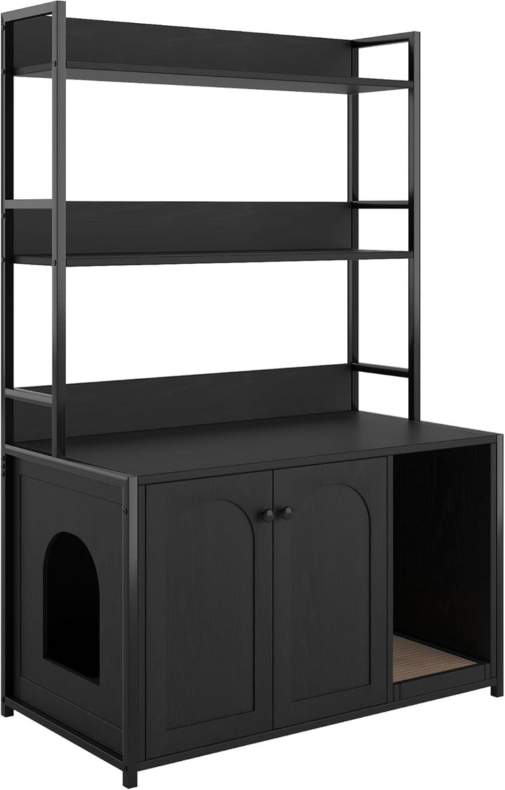 Katzenschrank mit Bücherregal, Kratzbaum mit Katzenklo-Schrank, Katzenklo Schrank mit 3 Ebenen &amp; Ein