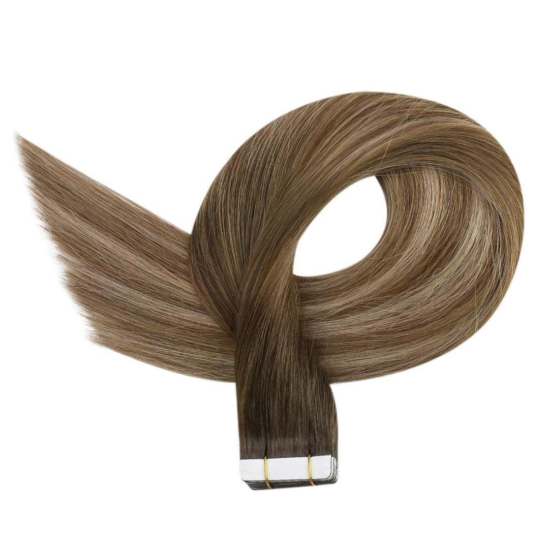 Ugeat Invisible Tape Extensions Echthaar 30cm Braun Balayage Seidig Haarverlängerung Echthaar Tapes