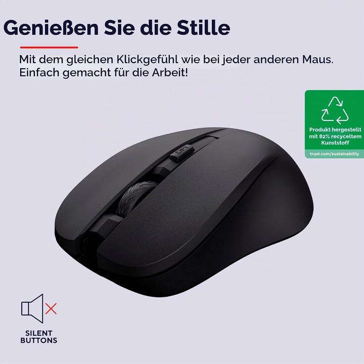 Trust Mydo Leise Funkmaus, 82% aus Recyclingkunststoff, 1000-1800 DPI, Verstaubarer USB Mikroempfäng