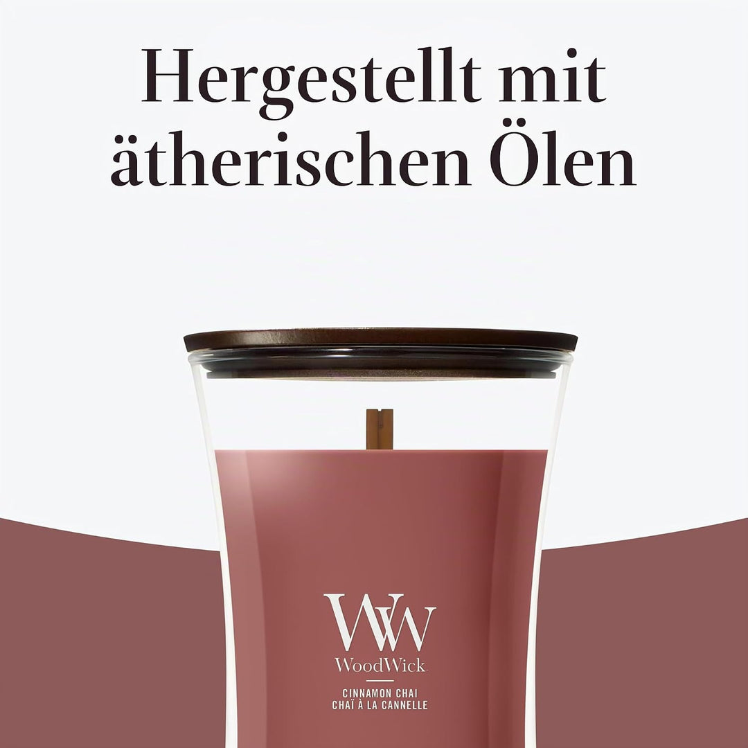 Grosse WoodWick Duftkerze im Sanduhrglas mit knisterndem Docht, Cinnamon Chai, bis zu 130 Stunden Br