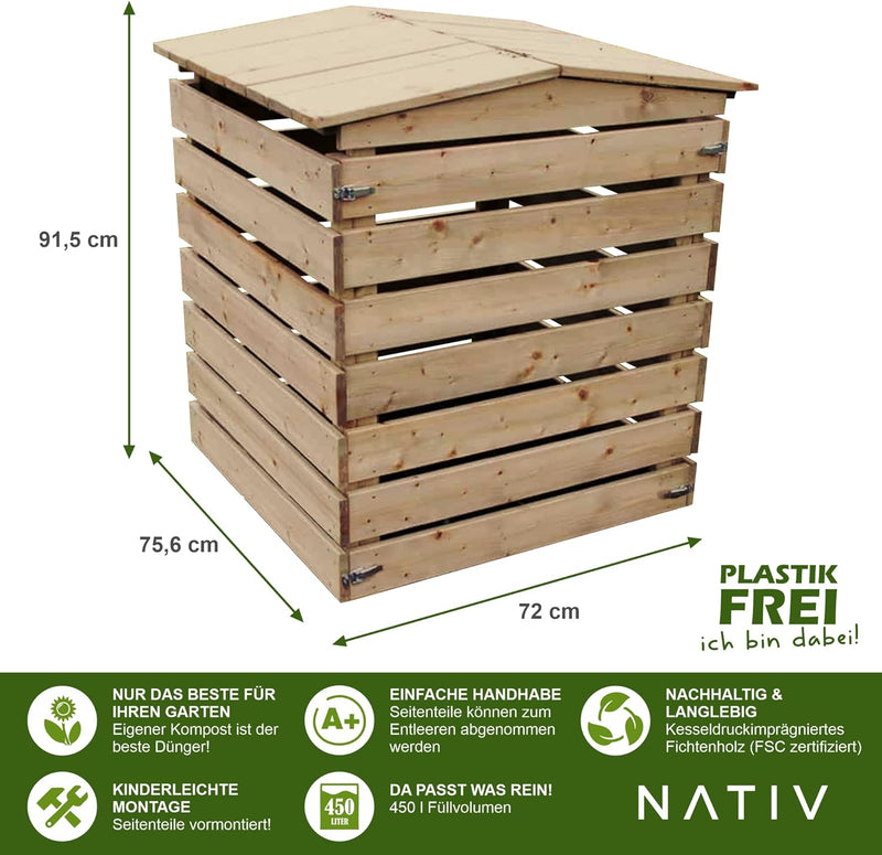 NATIV Nachhaltiger Garten Komposter aus Holz (450 Liter) | Schnellkomposter mit abnehmbaren Seitente