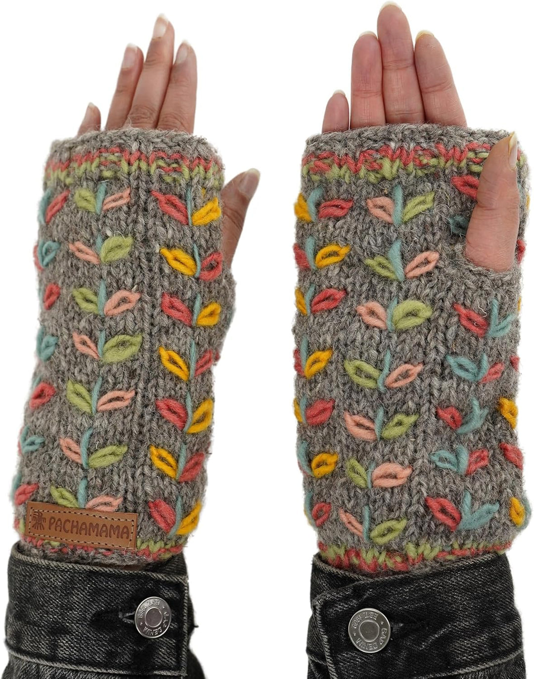 Damen Handwärmer Wolle Fleece Gefüttert Handgestrickt Blume bestickt Grau Einheitsgrösse Handmade Ex