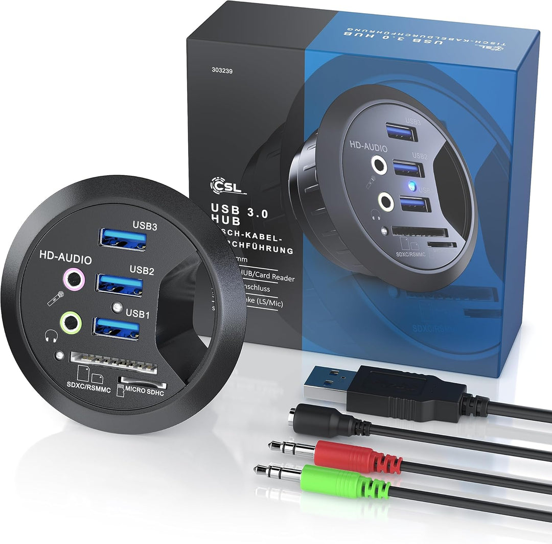 CSL - USB 3.0 In-Desk USB Hub Tisch-Kabeldurchführung mit Multi-Cardreader - Tischkabeldose - Multi