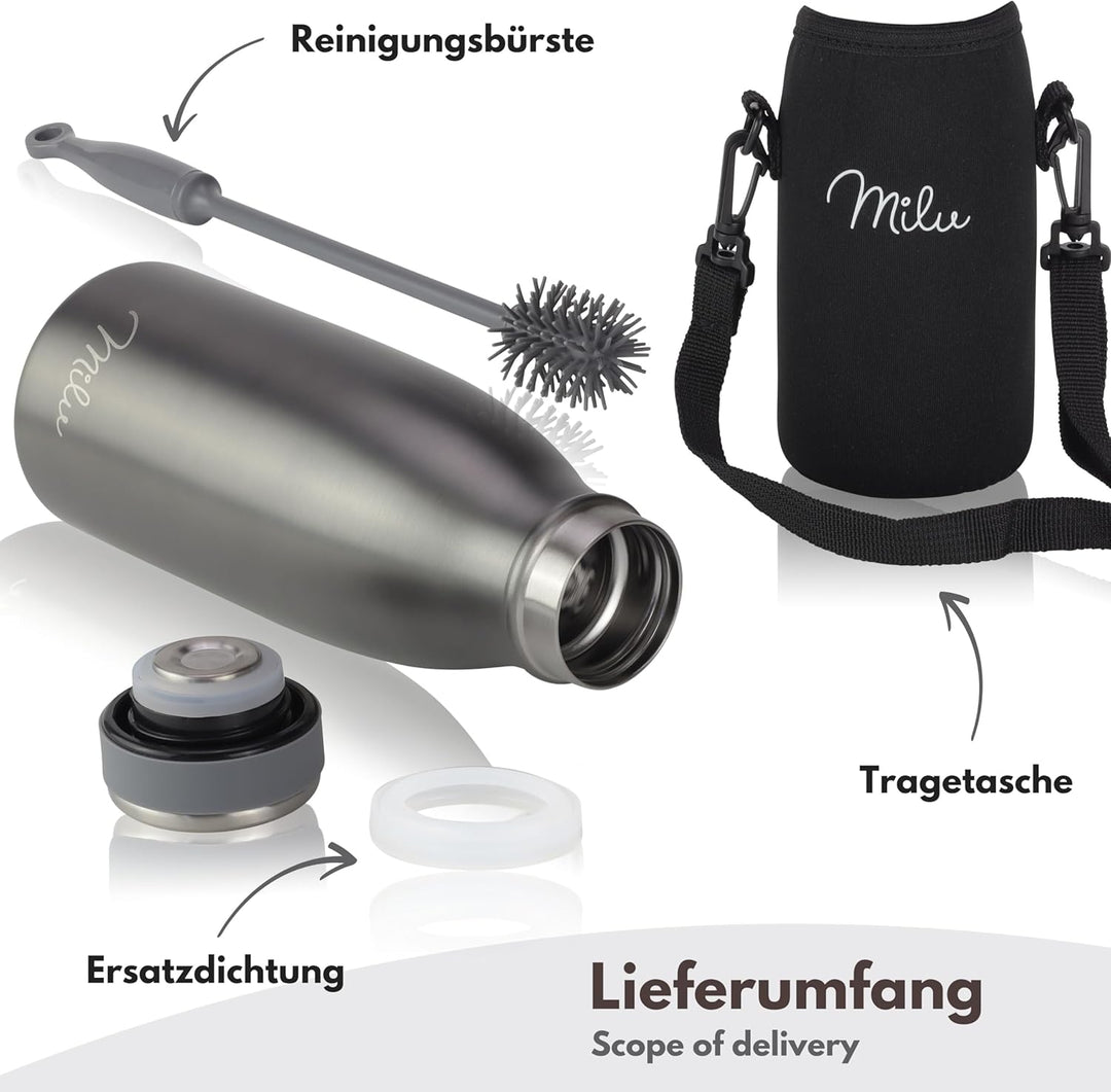 Milu Edelstahl Trinkflasche 350ml, 500ml, 750ml, 1L, 1,5L – Thermosflasche für Kinder Erwachsene aus