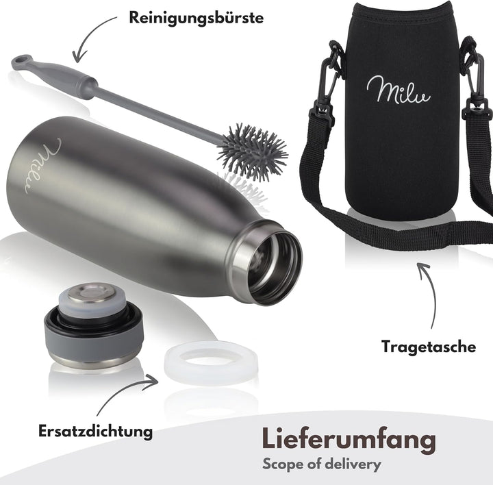 Milu Edelstahl Trinkflasche 350ml, 500ml, 750ml, 1L, 1,5L – Thermosflasche für Kinder Erwachsene aus