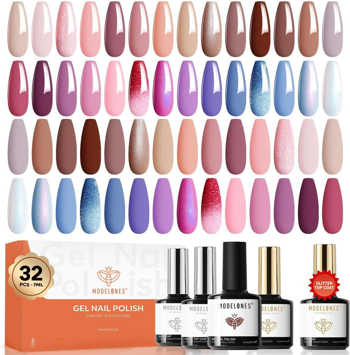 Modelones UV Nagellack Set 32 Pcs, 28 Farben Braun Rosa Nude Lila UV Gel Nagellack mit Base Coat, Ma