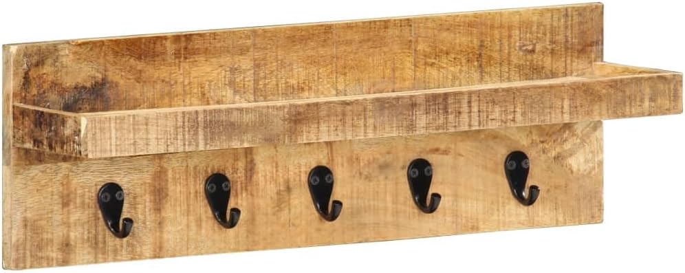 Hothingwell Garderobenständer, Mangoholz, unbehandelt, massiv, 5 Haken | Mit Regal, 60x15x20cm, für