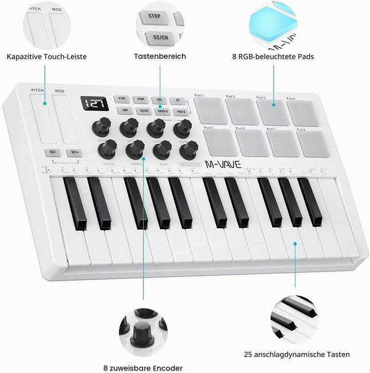 M-VAVE SMK-25 – 25-Tasten-USB-MIDI-Keyboard-Controller mit 8 hintergrundbeleuchteten Drum-Pads, Blue