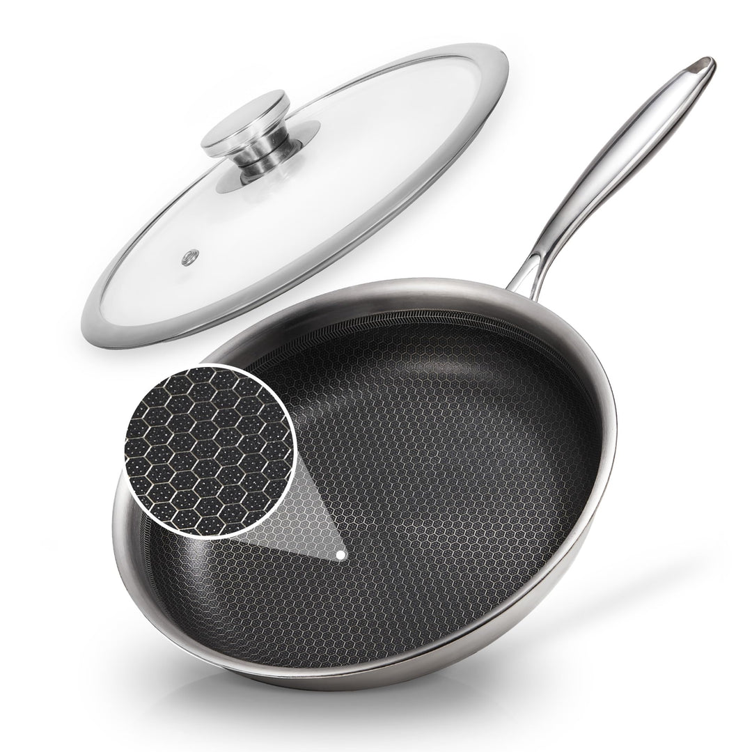 KOKHUB 28 cm Bratpfanne mit Deckel Induktion, Tri-Ply Edelstahl Hybrid Wabenstruktur Antihaft Pfanne