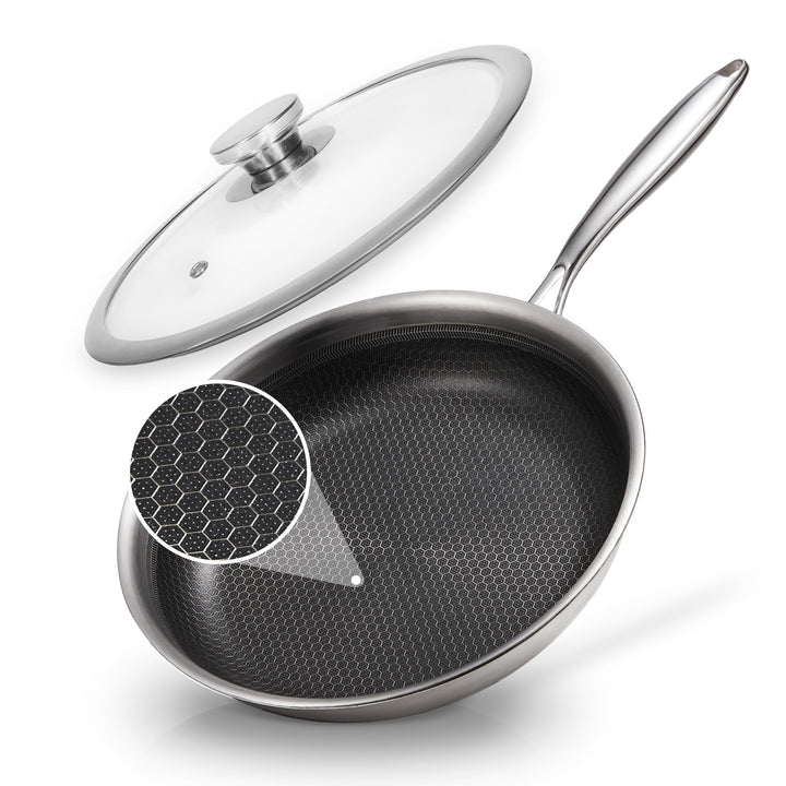 KOKHUB 28 cm Bratpfanne mit Deckel Induktion, Tri-Ply Edelstahl Hybrid Wabenstruktur Antihaft Pfanne