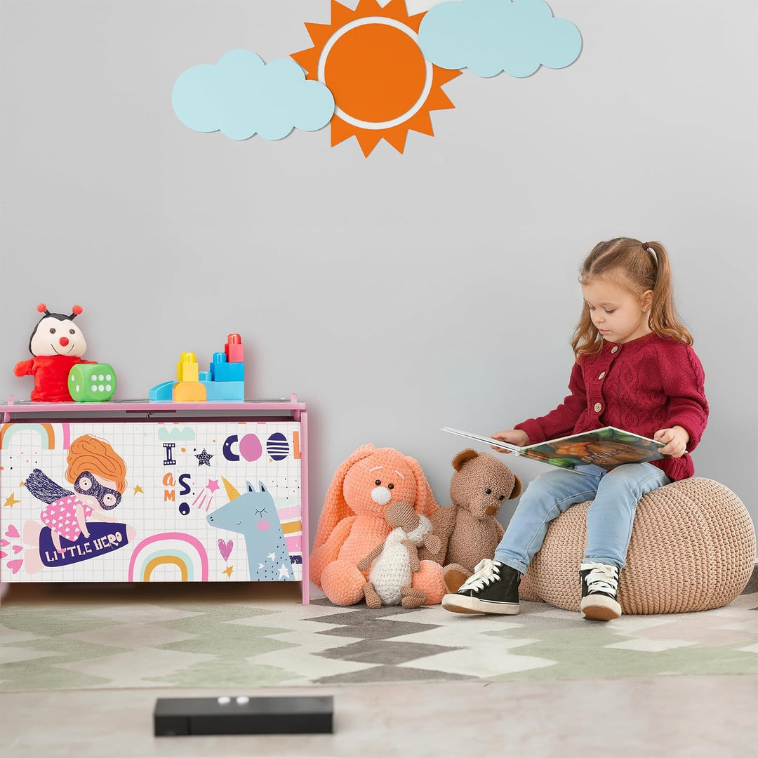 Relaxdays Spielzeugtruhe, mit Heldin-Motiv, Spielzeugkiste mit Deckel, HBT: 39x60x36,5 cm, MDF, Spie
