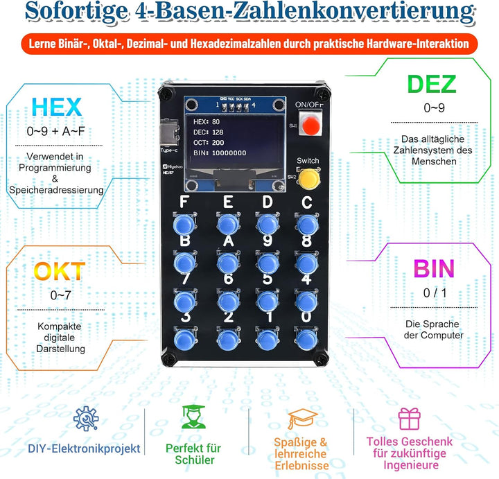 4-in-1 Zahlenbasis-Umrrechner Lötbausatz mit Digitaldisplay für Binär, Oktal, Dezimal, Hexadezimal,