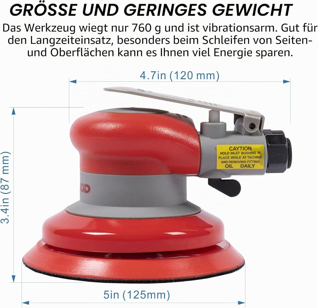 125mm Druckluft-Exzenterschleifer, 5 Zoll, leicht, ohne Absaugung, 3/16" Hub, 12.000 U/min, mit 10 g