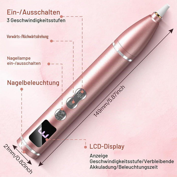 2in1 Elektrischer Nagelfräser für Gelnägel, Eingebaute Nagellampe 35000 U/min Tragbares Maniküre Ped