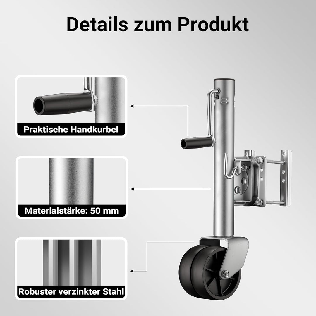 Wiltec Doppelstützrad bis 680 kg, Anhängerstütze aus Stahl, Stützlast Bugrad mit Schwenkarm, Schwerl