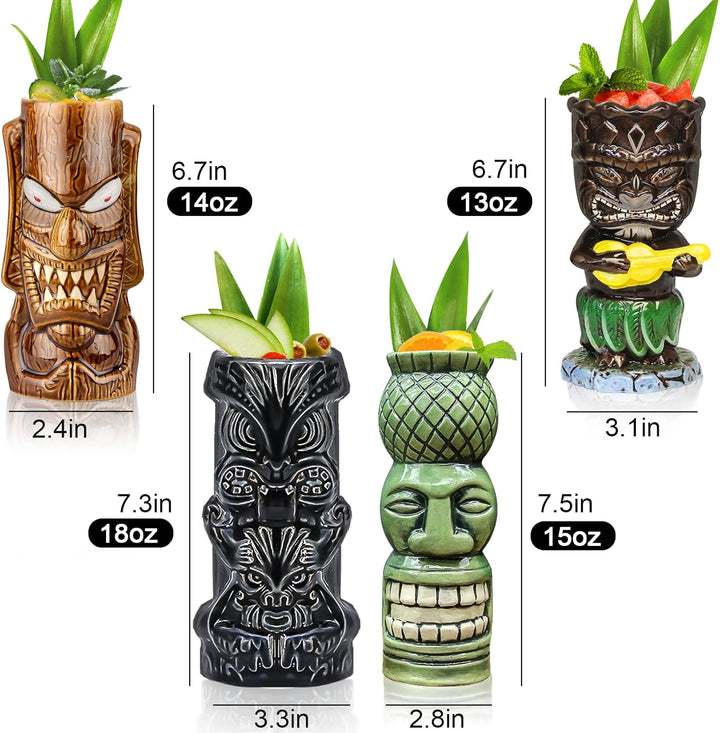 Tiki-Tassen, 4 Stück Tiki-Gläser für Cocktails grossen tropischen Keramikbechern Hawaii Tiki Party K