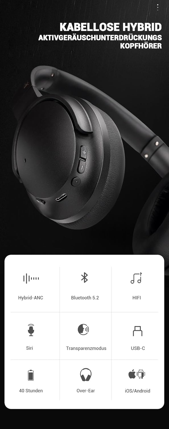 KO-Star NB-1092 Bluetooth Over-Ear Kopfhörer, Hybrid-ANC & Transparenzmodus, Mikrofon, 40-mm-Treiber