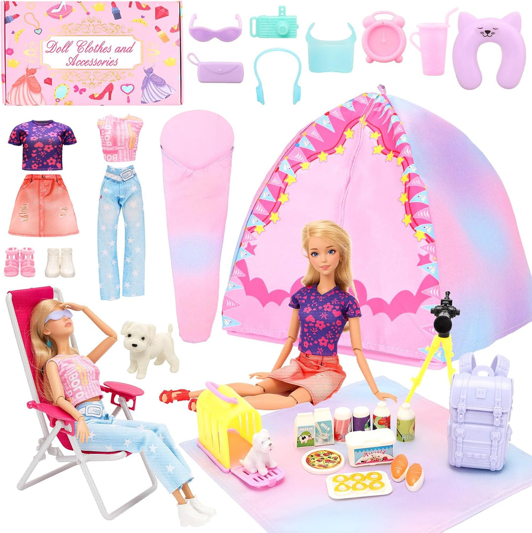 Miunana Camping Spielset mit Zelt Puppenkleidung Schlafsack Wanderrucksack Kleider Kleidung Zubehör