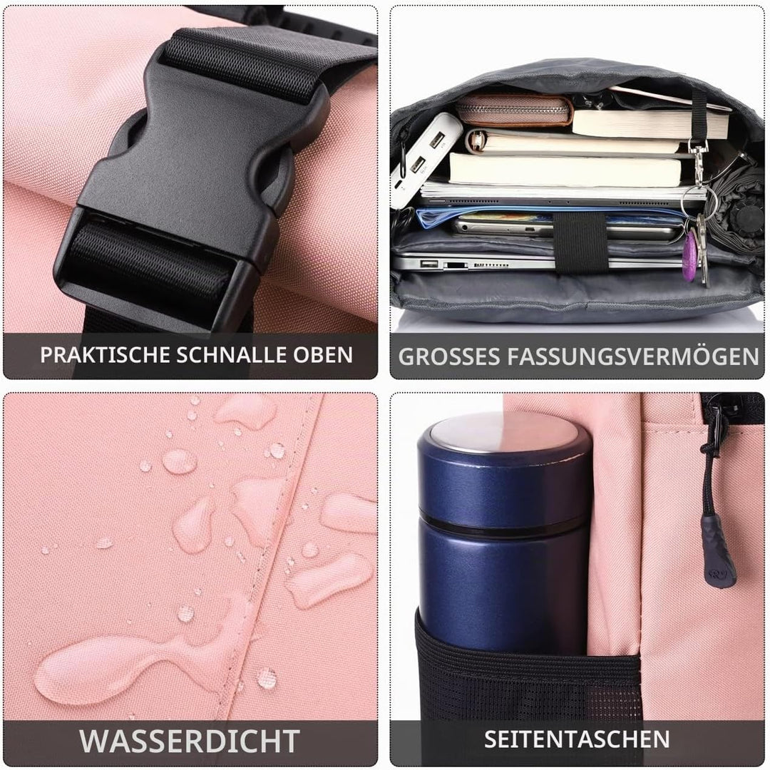 RJEU Rucksack Damen,Schulrucksack Mädchen Teenager,Rolltop Rucksack Frauen mit 12-17 Zoll Laptopfach