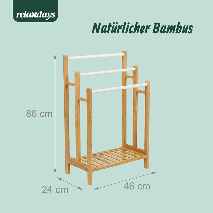 Relaxdays Handtuchhalter, mit 3 Stangen &amp; Ablage, HBT: 86x46x24 cm, für Hand- &amp; Badetücher, Bambus &amp;