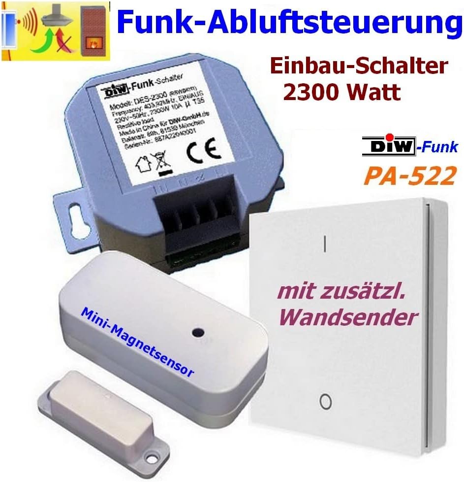 DIW-Funk EINBAU-Abluftsteuerung PA-522 SPARSET Funk Fensterkontaktschalter DFM-2000 + Einbauschalter