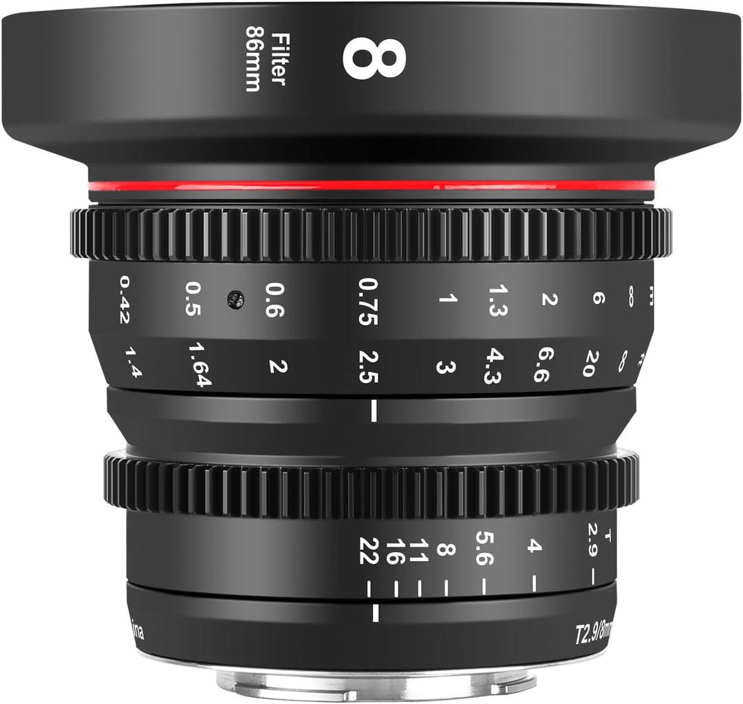 MEKE 8 mm T2.9 grosse Blende manueller Fokus Prime Low Distortion 4K Mini Cine Objektiv für Micro Fo