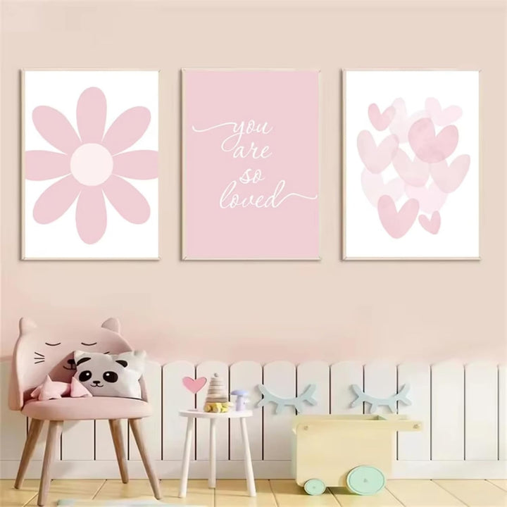 3er Rosa Poster Set, Modernes Aesthetic, Rosa Cartoon Liebe Herz Blume Wandbild, Geeignet für Wohn-