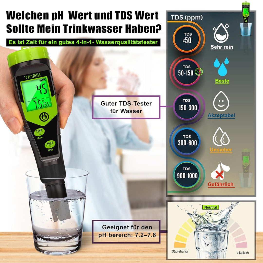 YINMIK pH EC Messgerät Pool pH Tester 4 in 1 Leitfähigkeitsmessgerät PPM Tester Gleichzeitige Messun
